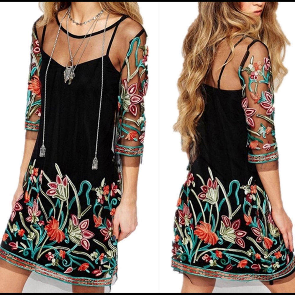 Black Shift Mini Embroidered See Through Dress